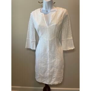 BCBG MaxAzria White Eyelet Cotton Dress Size 6 V‑Neck 3/4 Sleeve Summer Resort